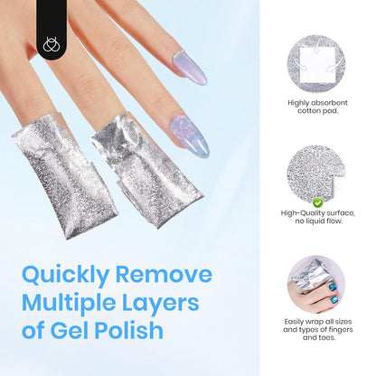 beetles Nail Remover Kit - 200Pcs Nail Soak Off Foil Wraps Gel Nail Polish Remover Tools Larger and Thicker Pre-attached Cotton Pad with Droppers, Easy Manicure Removal for Women Girls