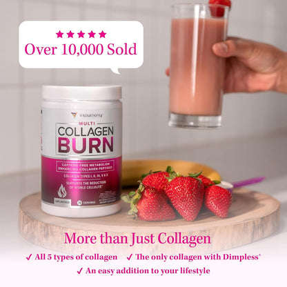 Multi Collagen Burn: Hydrolyzed Protein Peptides with Hyaluronic Acid, Vitamin C, SOD B Dimpless, Types I, II, III, V and X, Caffeine-Free Strawberry Lemonade Flavored 30 Servings