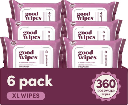 Goodwipes Flushable Butt Wipes Made with Vitamin E & Aloe - Soft & Gentle Wet Wipe Dispenser for Home Use, Septic & Sewer Safe - Largest Adult Toilet Towelettes - Rosewater, 360 Count (6 Packs)
