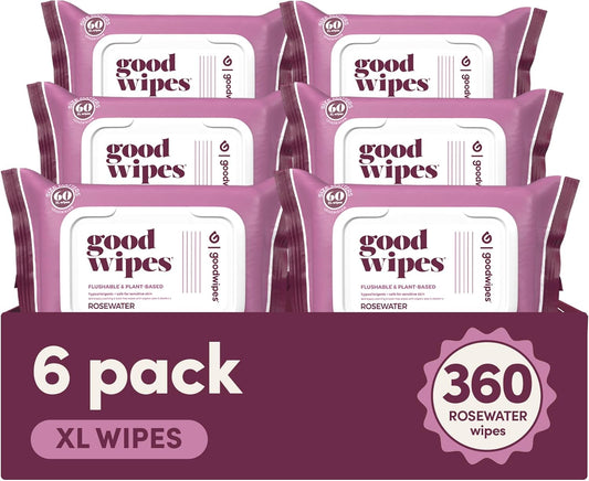 Goodwipes Flushable Butt Wipes Made with Vitamin E & Aloe - Soft & Gentle Wet Wipe Dispenser for Home Use, Septic & Sewer Safe - Largest Adult Toilet Towelettes - Rosewater, 360 Count (6 Packs)