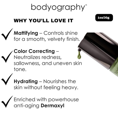 BODYOGRAPHY - Foundation Primer (Green): Flawless Anti-Aging Salon Makeup Primer w/Vitamin E, A, Jojoba, Grapeseed Oil | Control Shine | Gluten-Free, Cruelty-Free, 1 oz.
