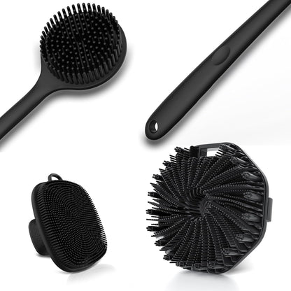 3 PCS Silicone Bath Brush Set,Back Scrubber & Body Brush & Face Brush Set, Super-Exfoliating & Lathering Body Scrubber, Shower Brush, Face Scrubber Combination for HomeBathroom Hotel Travel.(Black)