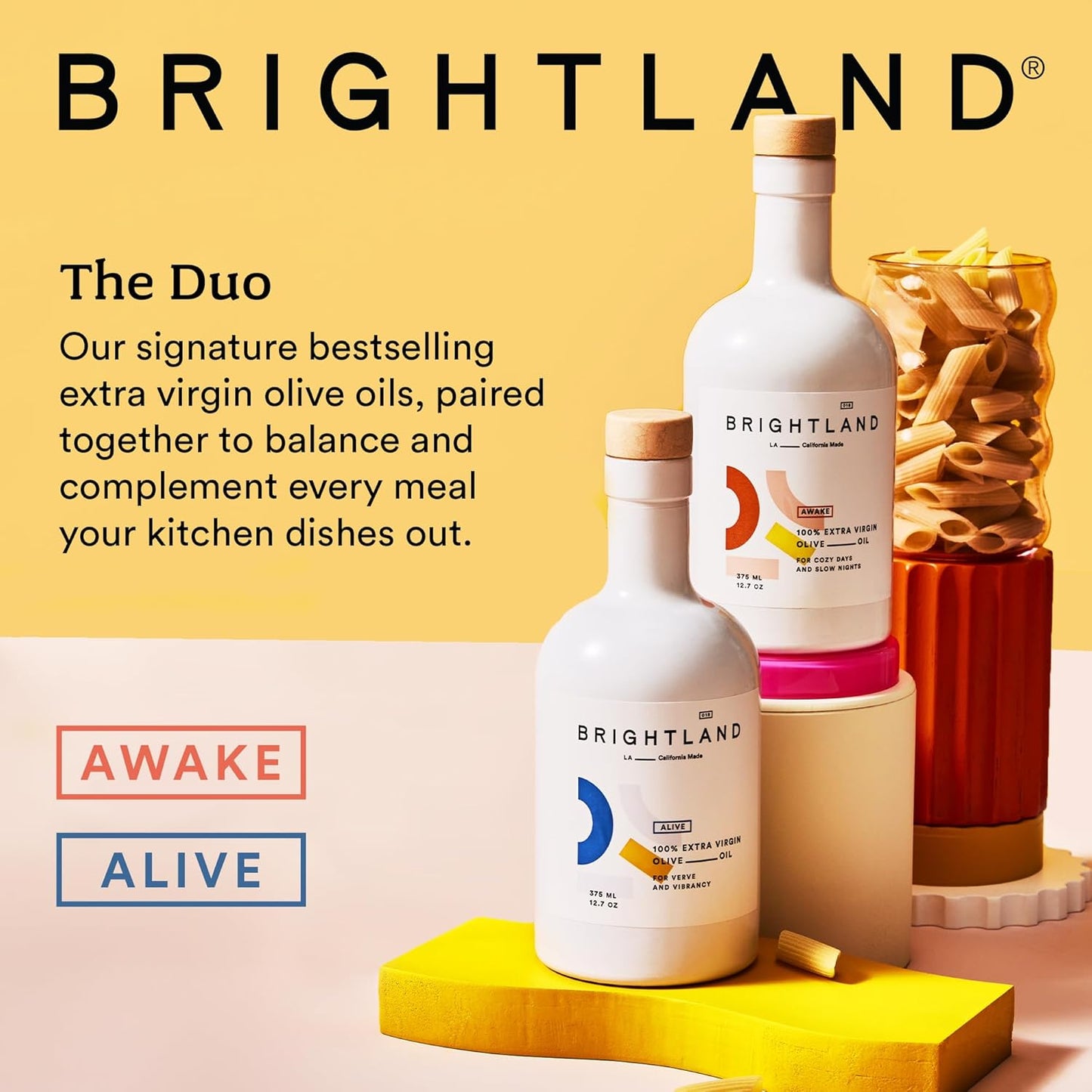 Brightland California Olive Oil Extra Virgin, The Duo – First Cold-Pressed Olive Oil Made with Early-Harvest Olives – Polyphenol Rich & Artfully Crafted - 12.7fl oz Bottles (Pack of 2)