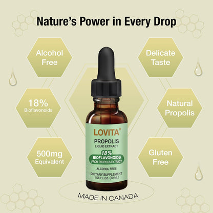 Lovita Bee Propolis Liquid Extract 500mg, 5:1 Resin Drops with 18% Bioflavonoids, Alcohol-Free Antioxidant, Immune Support & Throat Soothing, Gluten-Free, Non-GMO, 1 Fl Oz (30 mL), 90 Day Supply