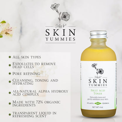 Sally B's Fruit Acid Face Toner and Daily Exfoliator/Alpha Hydroxy Acid (AHA) / 5 in 1 Action: Astringent, Cleansing, Calming, Exfoliating, and Hydrating / 4OZ