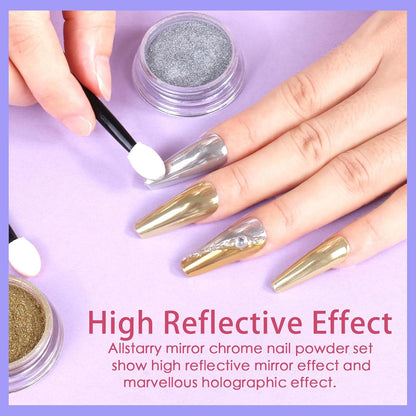 Allstarry Chrome Nail Powder Kit - 32 Colors Metallic Mirror Effect Holographic Manicure Pigment Glitter Powder for Nail Art Decoration Gel Polish with 32 Pcs Eyeshadow Sticks