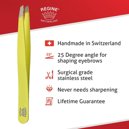 Slant Tweezer - Handmade in Switzerland - Professional Eyebrow & Facial Hair Remover - Etched Interior Grabs Hair from The Root - Perfectly Aligned Tips - Stainless Steel, Yellow