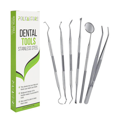 Dental Tools, 6-Pack Stainless Steel Teeth Cleaning Kit - Dental Scraper, Pick, Mouth Mirror, Tweezer for Dentist, Personal, Pets - Tartar & Plaque Removal