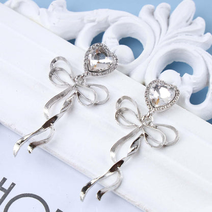 Vintage Crystal Bow Dangle Earrings Rhinestone Heart Stud Earrings Silver Cz Heart Love Earrings Large Bowknot Earrings Jewelry for Women