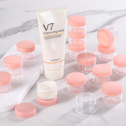 Refillable Cosmetic Sample Jars - 100 Pack 15g (0.5oz) Pink Small Travel Containers with Lids + 10 Mini Makeup Spatulas - BPA Free