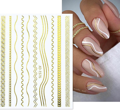 12 Sheets Gold Nail Stickers, 3D Self-Adhesive Metal Geometric Stripe Wave Nail Sticker, Gold Nail Art Designs, Style-c