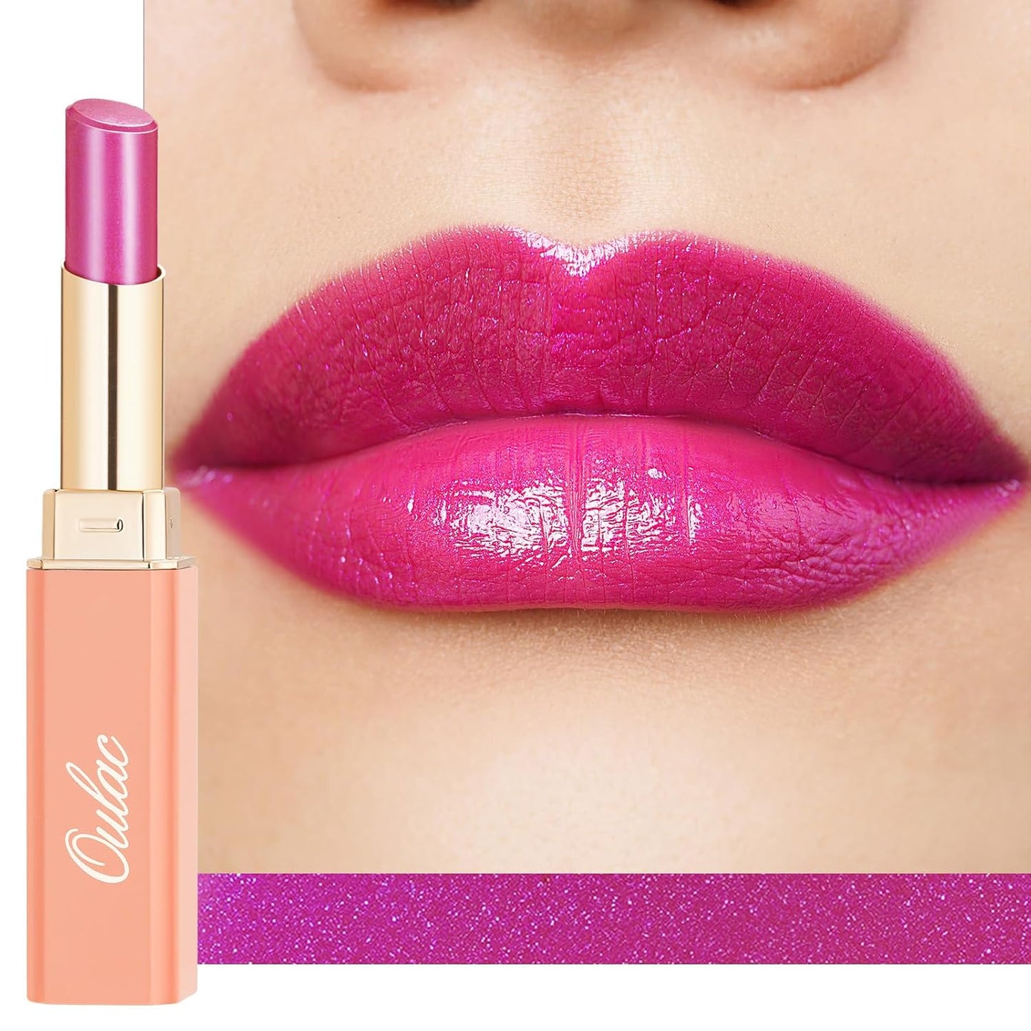 Oulac Moisture Pink Purple Lipstick - 2 in 1 Shimmer Lipstick & Lip Balm, Juicy & Glossy Finish, Long Lasting Hydrating, Smooth for Dry, Cracked and Chapped Lips, Vegan 2.2g/0.07oz (S02)