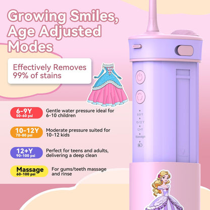 JTF Kids Water Dental Flosser: Rechargeable Portable Oral Irrigator with 4 Flossing Modes 230ml Tank 4 Tips Travel Bag Waterproof Stickers, Cordless Electric Flossers for Teeth Gum Braces Care, Age 6+