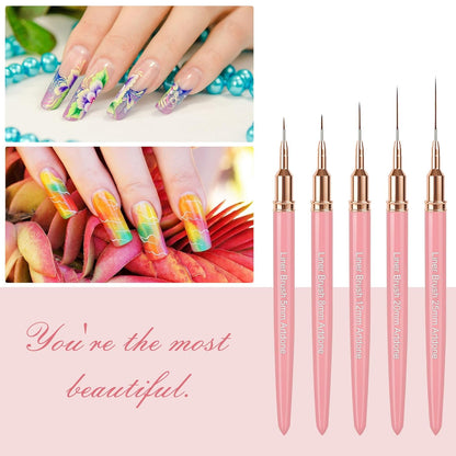 Artdone Metallic Nail Art Pens, Liner Brushes Set, 5PCS Pink Color Nail Tools For Long Lines, Thin Details, Fine Drawing, Liner Brush UV Gel Polish Painting Nail Design Sizes 5/8/12/20/25mm