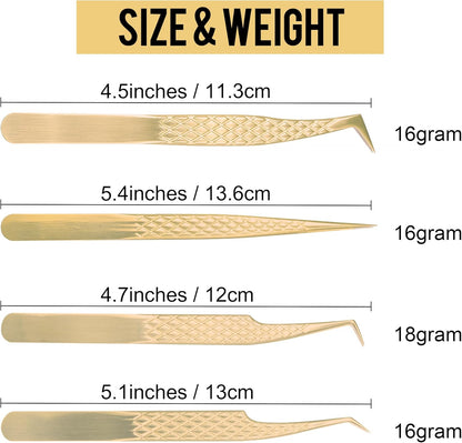 Fiber Tip Lash Tweezers For Eyelash Extension 4 Pcs Tweezers Professional Artist Tech Work Kit Tools,Best Volume Eyelash Lashes Extensions Precision Supplies Volume Boot 90 45 Degree(Gold)