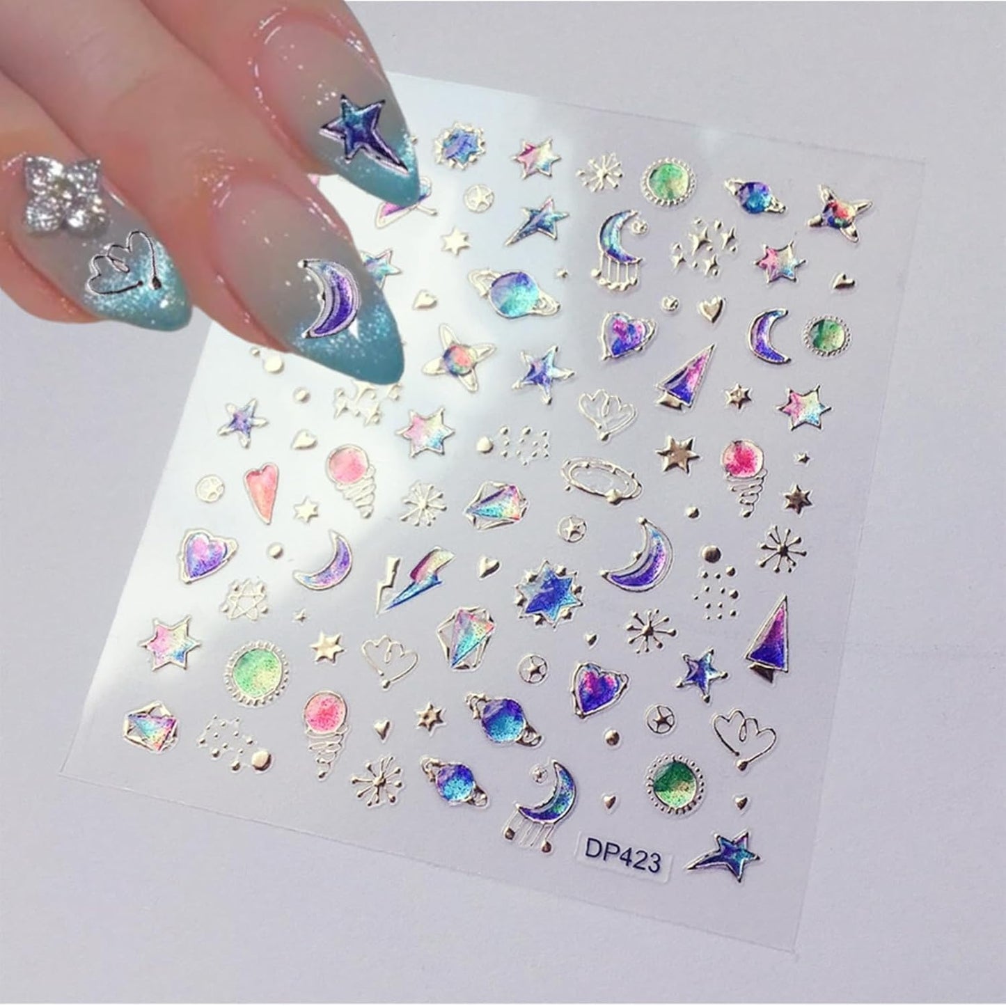 4 Sheets Star Sun Moon Nail Art Stickers 3D Holographic Self Adhesive Glitter Colorful Floral Nail Stickers Sparkly Heart Gems Design Nail Supplies for Women and Girls DIY Manicure Decoration