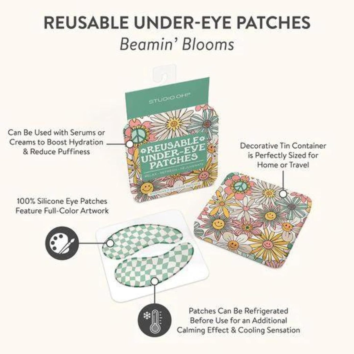 Studio Oh! Reusable Under-Eye Patches, Puffy Eyes Treatment and Under Eye Masks Skincare, 100% Silicone Eye Patches, Pairs with Favorite Serums or Creams, Beamin' Blooms