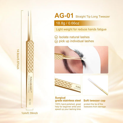 NAGARAKU Precision Fiber Tip Tweezer for Eyelash Extensions Diamond Handle 5cm Slim Tweezers Tip Anti-Static Anti-Slip Stainless Steel Pointed Separate Eyelashes Straight Tweezers with Box(AG-01)