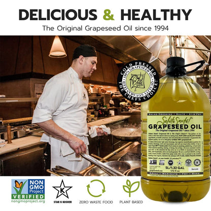 Cold Pressed Grapeseed Oil by Salute Sante! High Temperature Cooking, Healthy Grape Seed Oil, Non-GMO and Kosher for Salad Dressings, Marinades and Dips, Vegan, 5 Liter, 3 Pack