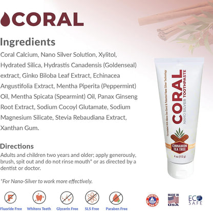 Coral Nano Silver Cinnamon Tea Tree Toothpaste, Natural Fluoride Free Teeth Whitening Toothpaste, Coral Calcium Nano Silver Infused SLS Free 4 Ounce