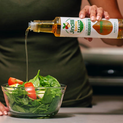 Jindilli Farms Macadamia Nut Cooking Oil- Australian Pure Cold Pressed Oil, Unrefined, Natural, High Smoke Point for Frying, Non GMO, Vegan, Keto Friendly and Gluten Free (8.5 fl oz)