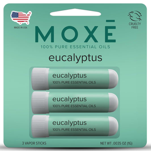 MOXĒ Eucalyptus Essential Oil Nasal Inhaler, Sinus & Congestion Relief, Daily Relaxation, Stress Relief, Therapeutic No-Mess Aromatherapy, Pure and Natural, Made in USA (3 Pack) packaging may vary