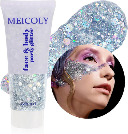 MEICOLY Silver Body Glitter,Chunky Silver Face Hair Glitter,Silver Glitter Makeup for Eyes,Sparkle Face Paint for Women and Kids,Music Festival Party Accessories