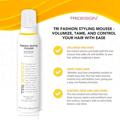 TRI Fashion Styling Mousse - Wavy Hair Volumizer & Curl Tamer with Frizz Control, Shine & Styling Options for Women, Hair Foam - 10 Ounce