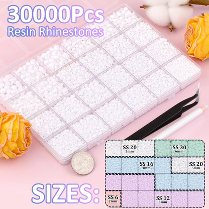 30000Pcs White Rhinestones for Bedazzling with B7000 Jewelry Glue, Bedazzler Kit Flatback Gems, Resin Rhinestones for Crafting Crafts Clothing Shoes Fabric Nail Art Assorted Size 2/3/4/5/6mm