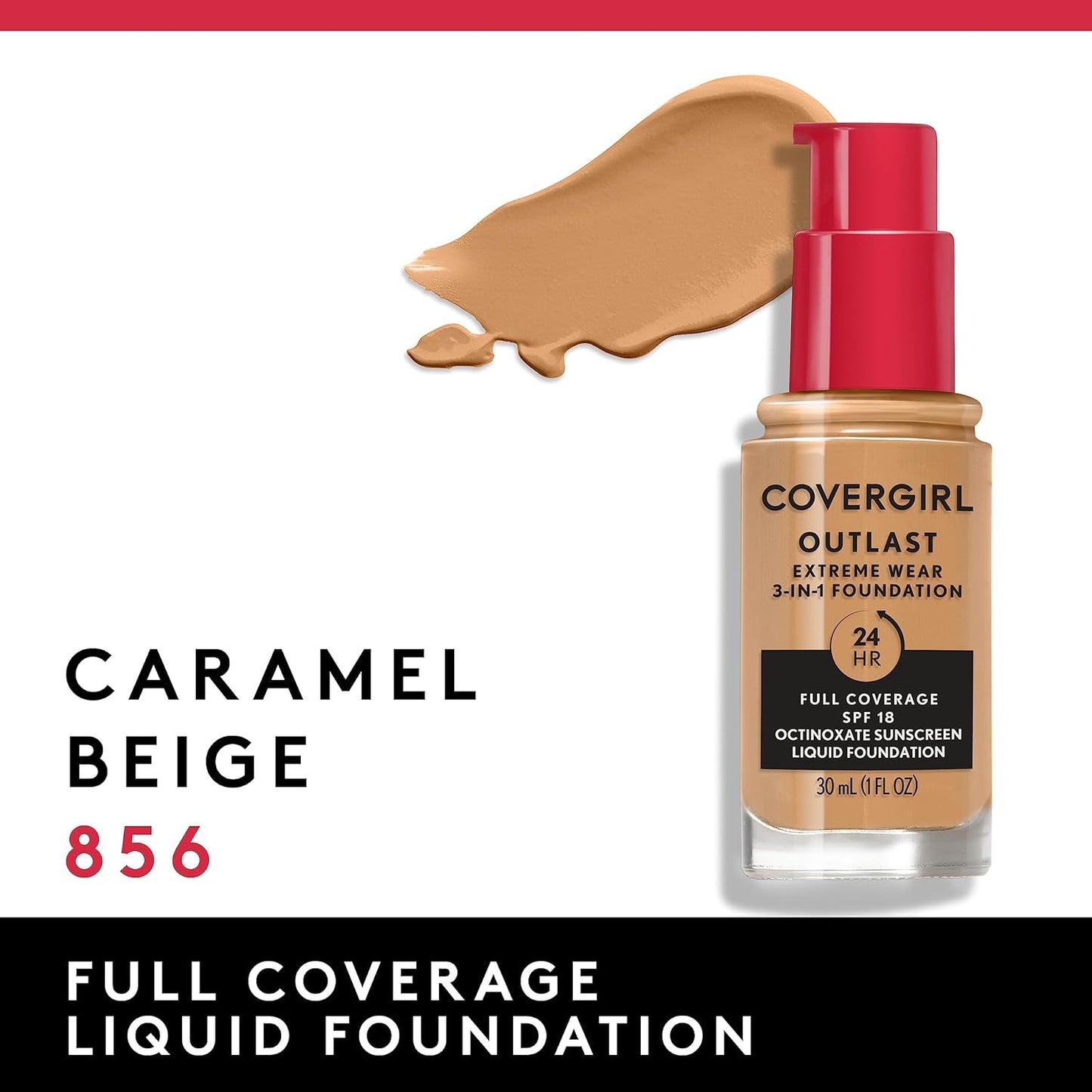 Covergirl Outlast Extreme Wear 3-in-1 Full Coverage Liquid Foundation, SPF 18 Sunscreen, Caramel Beige, 1 Fl. Oz.