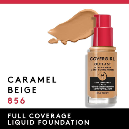 Covergirl Outlast Extreme Wear 3-in-1 Full Coverage Liquid Foundation, SPF 18 Sunscreen, Caramel Beige, 1 Fl. Oz.