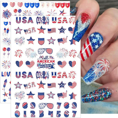 6 Sheets 4th of July Nail Stickers for Nail Art Independence Day Nail Decals 3D Self-Adhesive USA Flag Fireworks Letters Numbers Star Sticker Nail Designs Fourth of July Nails Decoration DIY for Women