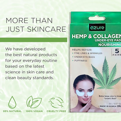 AZURE Hemp & Collagen Nourishing Under Eye Pads - Toning, Hydrating & Anti Aging Eye Mask Patches - Reduces Fine Lines, Wrinkles, Dark Circles & Puffiness - Skin Care Made in Korea - 5 Pairs