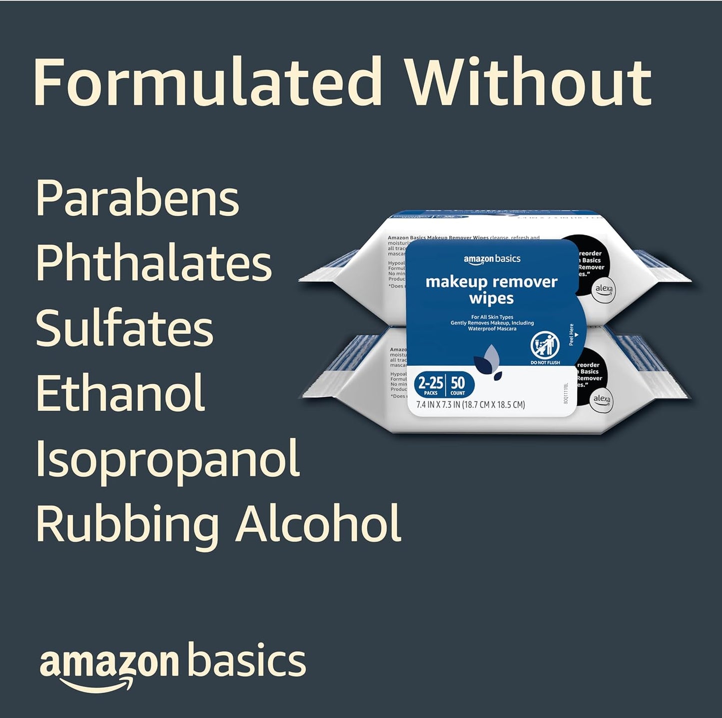 Amazon Basics Makeup Remover Wipes, Gentle Cleansing, Dermatologist Tested, Original, Plant Based, Alcohol Free, Removes Waterproof Mascara, 25 Count Per Pack, Pack of 2 (Previously Solimo)