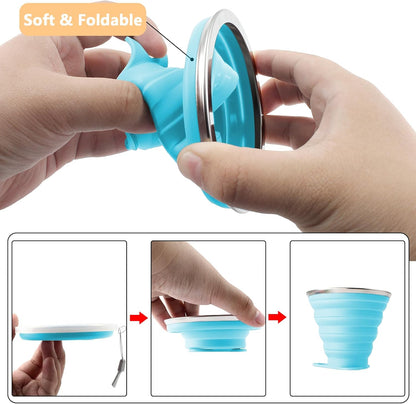 Litoexpe 4 Pack Silicone Collapsible Travel Cup Portable Folding Camping Cup Sets with Lids, Yellow & Orange & Blue & Green, Capacity 9.22oz (270ml)