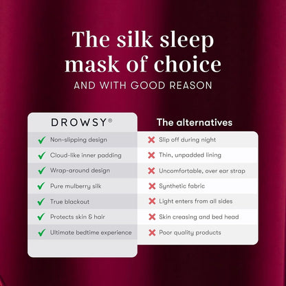 DROWSY Silk Sleep Mask - Face-Hugging, Padded Cocoon for Luxury Sleep in Total Darkness - 100% Pure Mulberry Silk (La Vie En Rouge)