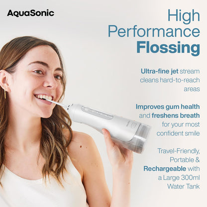 AquaSonic Aqua Flosser PRO - Rechargeable Cordless Water Flosser for Teeth, Gums & Tongue - Modern Design, 300ml Large Tank, 6 Jet Tips with Deluxe Tongue Nozzle, 3 Modes, Waterproof Optic White
