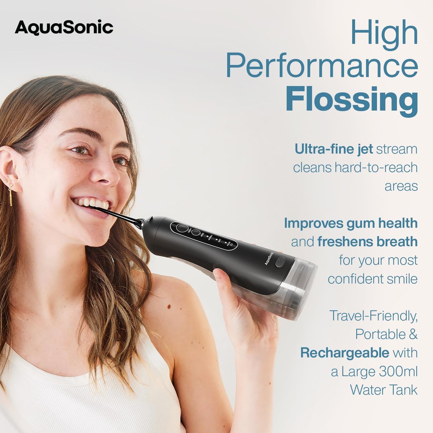 AquaSonic Aqua Flosser PRO - Rechargeable Cordless Water Flosser for Teeth, Gums & Tongue - Modern Design, 300ml Large Tank, 6 Jet Tips with Deluxe Tongue Nozzle, 3 Modes, Waterproof Black