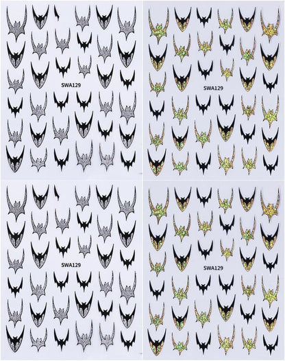 4Pcs Gothic Halloween Nail Art Stickers - Self-Adhesive Black Bat Wing Stickers, Gold/Silver/Glitters Nail Decals, Halloween Nail Art Decals for Manicure, Parties, Everyday Gothic Nail Decorations