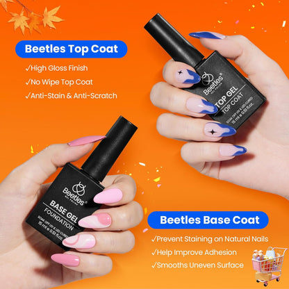 Beetles No Wipe Gel Top Coat and Base Coat Set for Gel Polish - 2Pcs 15ml Super Shiny and Long Lasting Soak Off UV/LED Lamp Needed, Halloween Fall Nail Art Design Gift