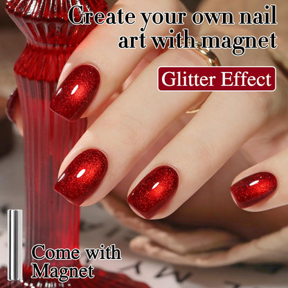Double Rhythm 0.5 OZ Cat Eye Gel Polish with Magnet 15ML Holographic Glitter Shimmer Translucent Jelly Color Magnetic Nail Polish Salon DIY at Home (Blood Red-MC1046)