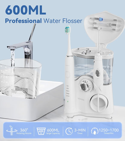 Water Flosser & Ultrasonic Electric Toothbrush Combo, 600ML Water Dental Flosser with 7 Jet Tips, 10 Adjustable Water Pressure, 5 Toothbrush Heads for Home Use, Gums, Braces (White)