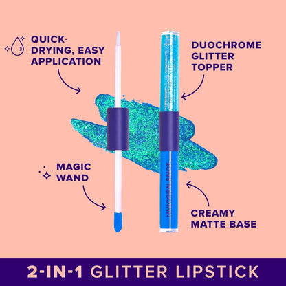 UNICORN SNOT Quiet Riot™ Plastic-Free Glitter Lip Duo | 2-in-1 Set w/Matte Lipstick & Sparkly Glitter Lip Gloss | Halloween Costume Makeup | 0.15oz Blue Lipstick & 0.16oz Gloss (Dream)