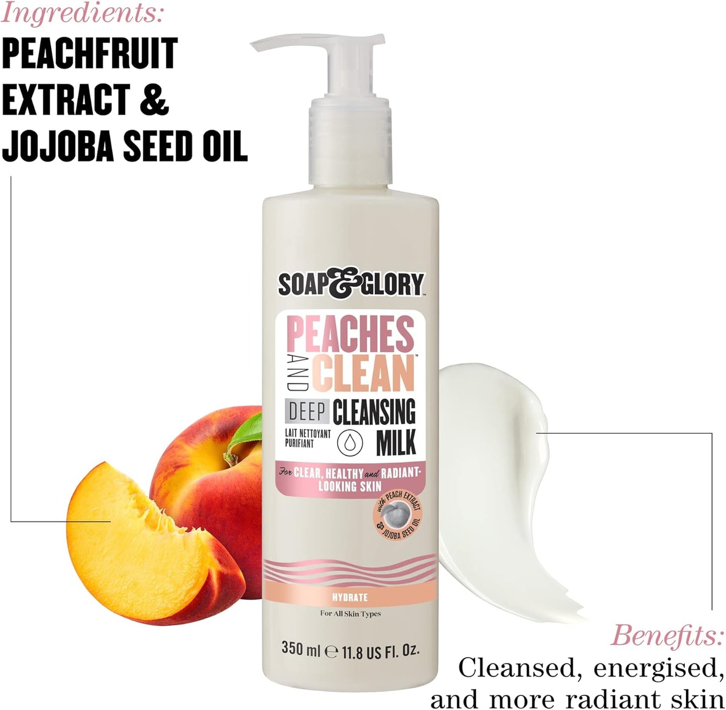 Soap & Glory Peaches & Clean Deep Cleansing Milk - 4 in 1 Milk Cleanser & Makeup Remover with Peach Extract, Ginseng & Jojoba Oil - Hydrating Facial Cleanser for Clarified & Energized Skin (350ml)