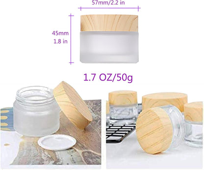 50 Gram/50 ml Empty Sample Jars Round Frosted Glass Bottle Cosmetic Cream Jar Wood Grain Lid Cosmetic Container Glass Cream Box Refillable Cream Pot Jars for Lip Balm Lotion Eyeshadow,4 Pack