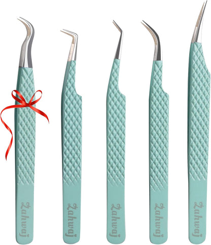 Lash Tweezers - Set of 5 Diamond Grip Eyelash Tweezers - Stainless Steel Professional Fiber Tip Lash Tweezer for Eyelash Extensions (Light Green)