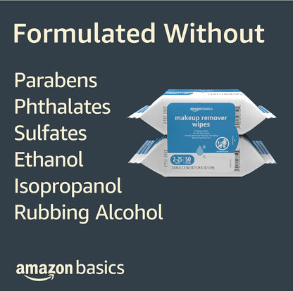 Amazon Basics Makeup Remover Wipes, Fragrance- and Alcohol-Free, Gentle Cleansing, Removes Waterproof Mascara, Dermatologist Tested, 25 Count, Pack of 2 (Previously Solimo)