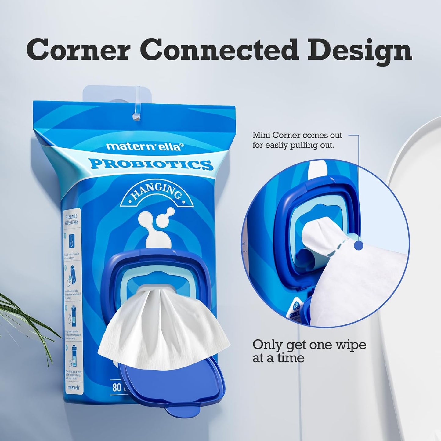 matern'ella Hanging Flushable Wipes Unscented Extra Large Corner-Connected Wet Wipes Adult Plant Based Fibers with Probiotics Alcohol Free Sewer Safe Butt Wipes Travel 8 Packs 640 Wipes