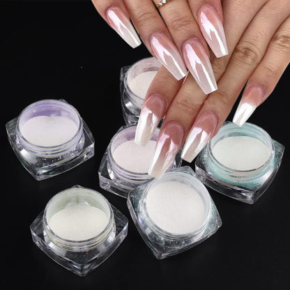 Pearl Chrome Nail Powder Set - 6 Colors Aurora Powder Mermaid Effect for Nails Iridescent Nail Glitter Shimmer White Rubbing Dust Nail Pigment Set Manicure Nail Art Decorations (Y451-459)