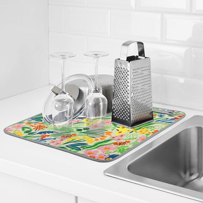 SHIYUE Dish Drying Mat for Kitchen Counter Super Absorbent Spring Kitchen Decor Microfiber Drying Matainers Rack Fast Pad Dish Drainer Mats(Cute Colorful Flowers,16''x18'')